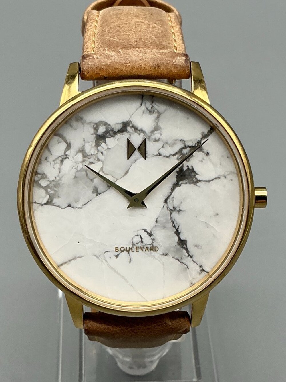 MVMT Boulevard Beverly Marble Watch Womens Gold Tone Leather New Battery